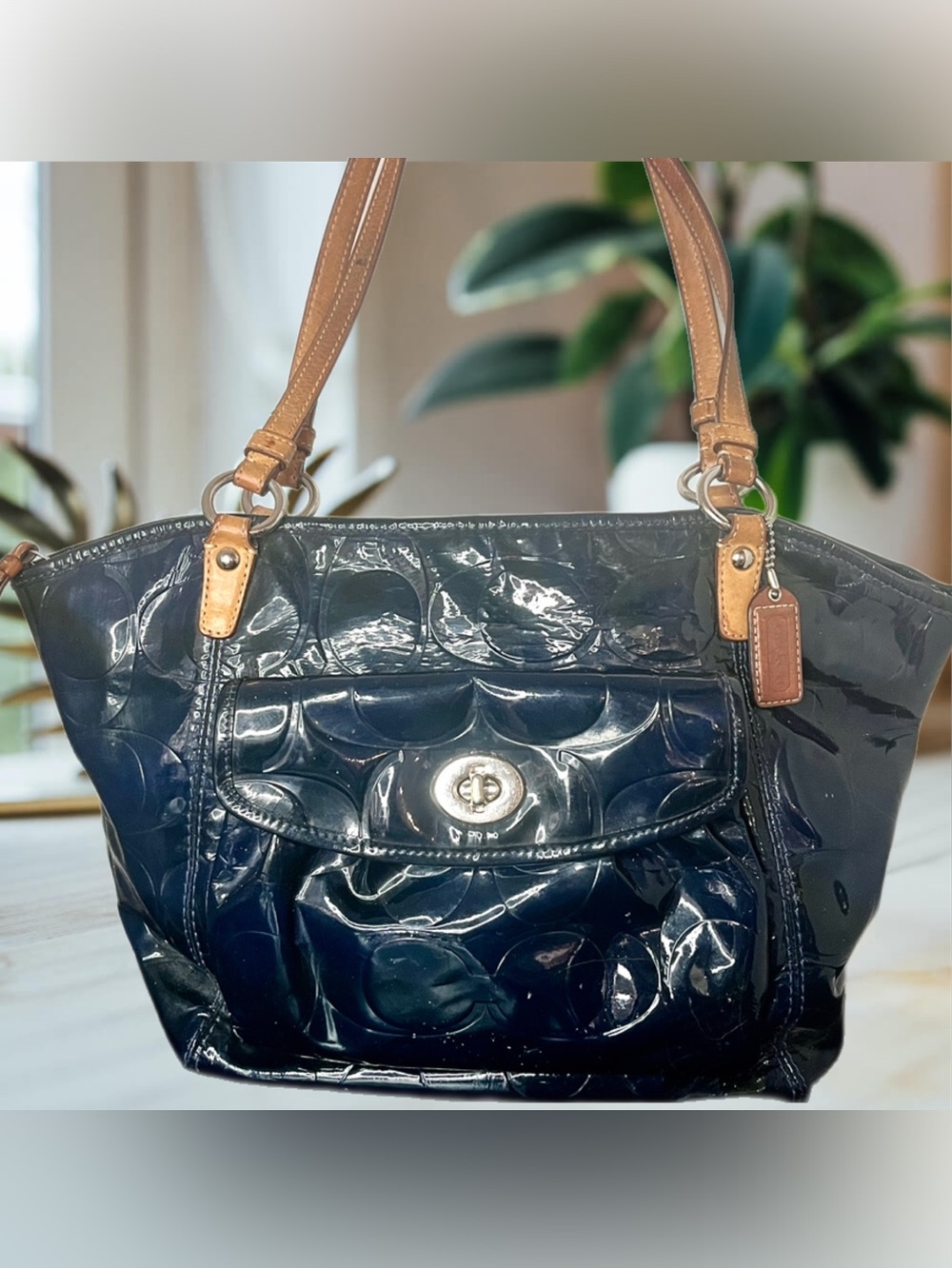 Coach Leah Signature Navy Blue Embossed Patent & Tan Leather REHAB